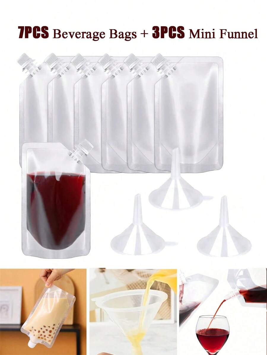 10pcs, 10pcs Plastic Beverage Bags And 3pcs Mini Funnel, Small Transparent Plastic Funnel For Perfume, Transparent Portable Water Bag For Outdoor,Disposable Travel Leak Proof Bag Squeeze Bag,Reusable Sealed Liquid Bag,Used For Storing Alcoholic Beverages, Milk, And Other Beverages, Water Bottle