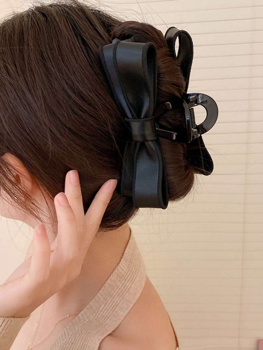 1pc Women's Black Leather Bow Clip, Minimalist High-End Hair Accessory Hair Clip For Bun, Claw Clip Summer