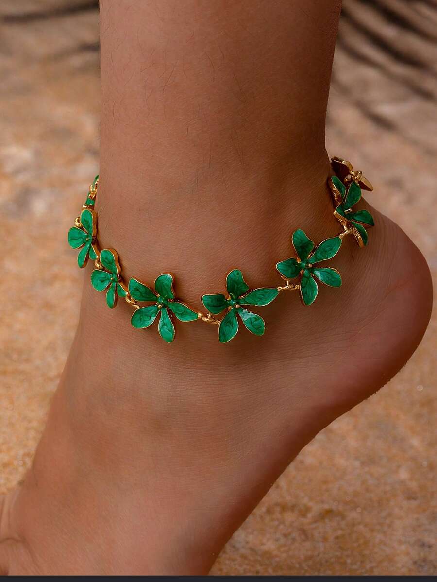 1 pièce Bracelet de cheville en alliage plaqué or 18 carats avec fleur en émail 3D, bijou pour les pieds des dames élégantes inspiré de la peinture à l'huile vintage