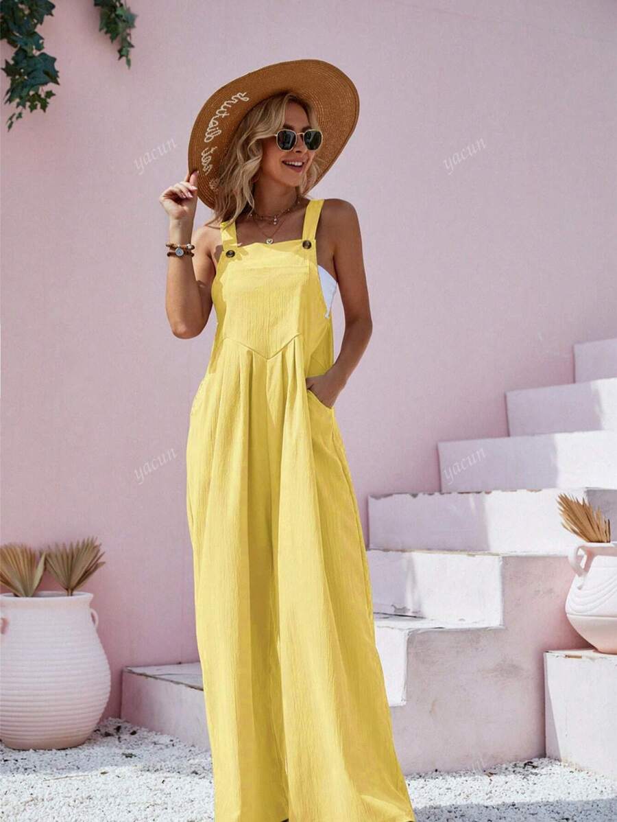 Vacation Casual Solid Color Button Strap Wide Leg Jumpsuit