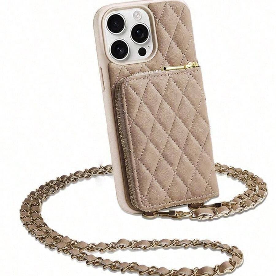 1pc Rhombus Pattern Fragrant Leather Phone Pouch, Quilted Sheepskin Design, Crossbody Leather Chain Wallet Card Holder Case, Suitable For Women, Compatible With IPhone 16, 15, 14, 13, 12, 11 Pro Max In Black/Apricot/Pink/Khaki