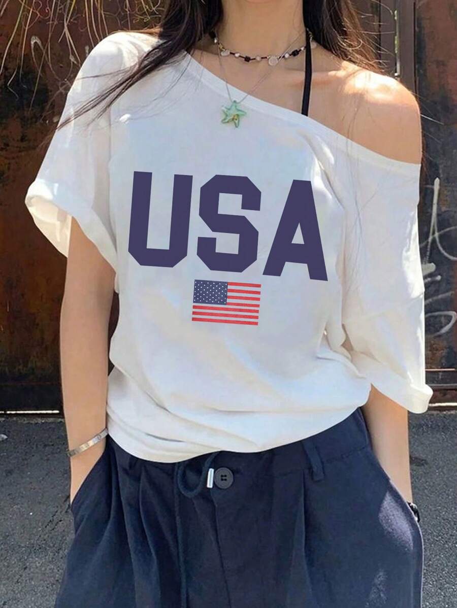 Teen Girl The Flag Of The United States USA Print Casual Loose Short Sleeve T-Shirts,Suitable For School, Vacation And Shopping