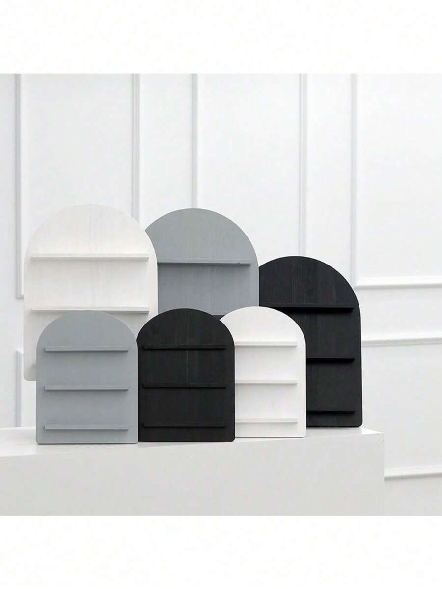 1 pieza Estante de almacenamiento de madera de estilo nórdico en tonos frescos, estante de almacenamiento de cosméticos estilo Ins, en color negro, blanco y gris con arco circular