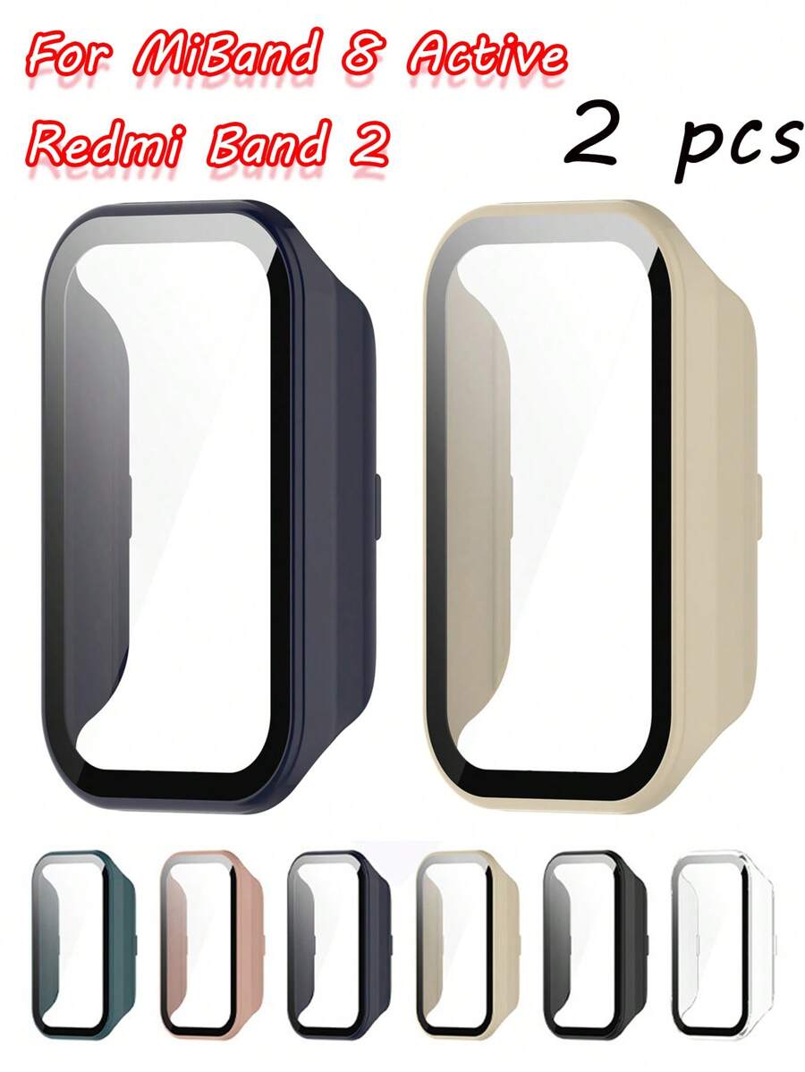 Pacote com 2 capas rígidas de PC para smartwatch Xiao Mi Smart Band 8 Active, protetor de tela de vidro temperado completo, capa protetora anti-goma para Mi Band 8 Active e Xiao Mi Redmi Band 2. A capa rígida de PC protege o relógio contra danos em esportes ao ar livre, uso diário e outros acessórios para cenas, homens e mulheres.