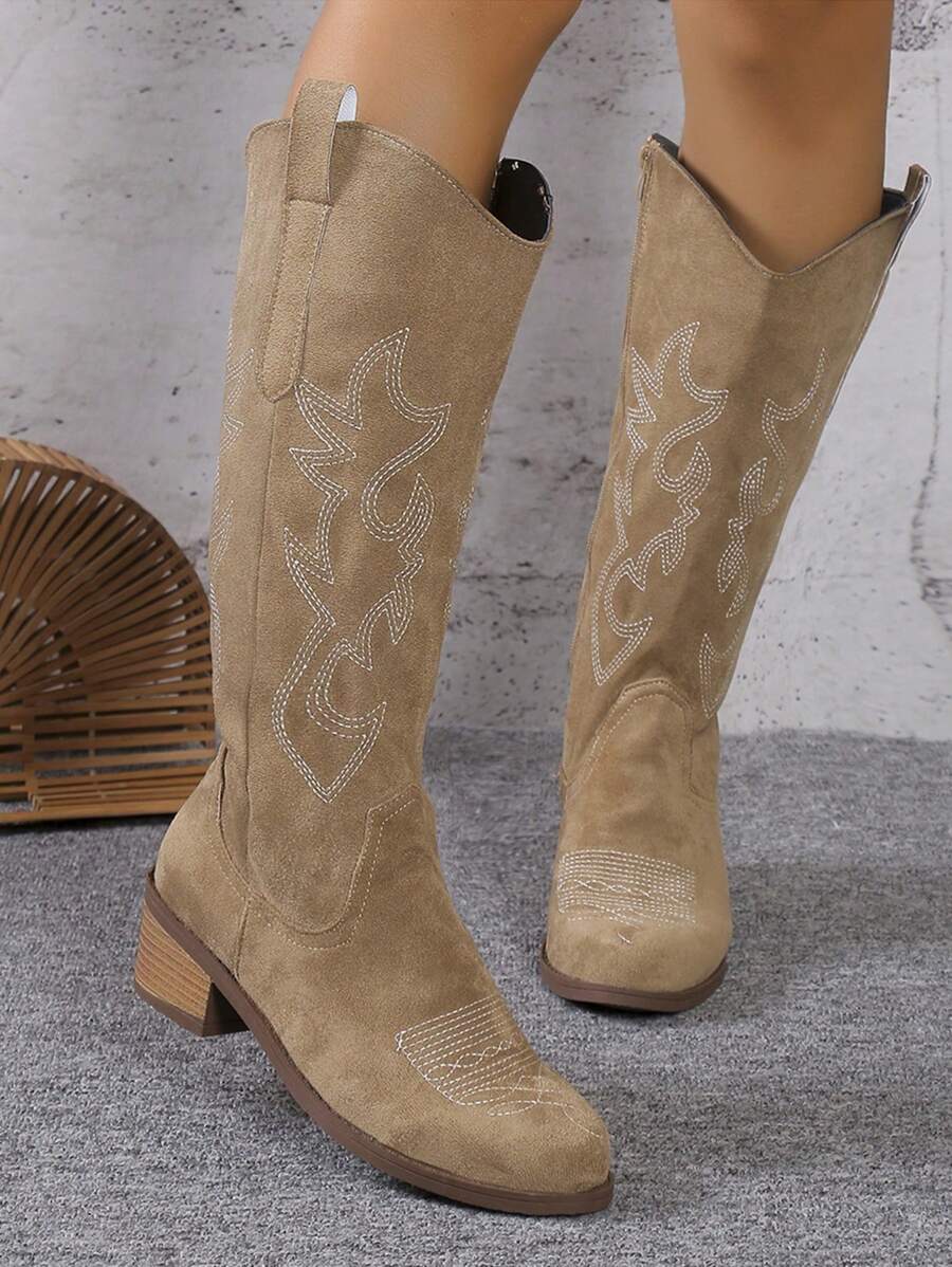Women's New Retro American Style Embroidered Faux Suede Pointed Toe Western Boots, Side Zipper For Easy On/Off, Embroidered Cool Fashion High-Shaft Boots, High Block Heel Riding Boots, Fashionable Punk Chelsea Boots