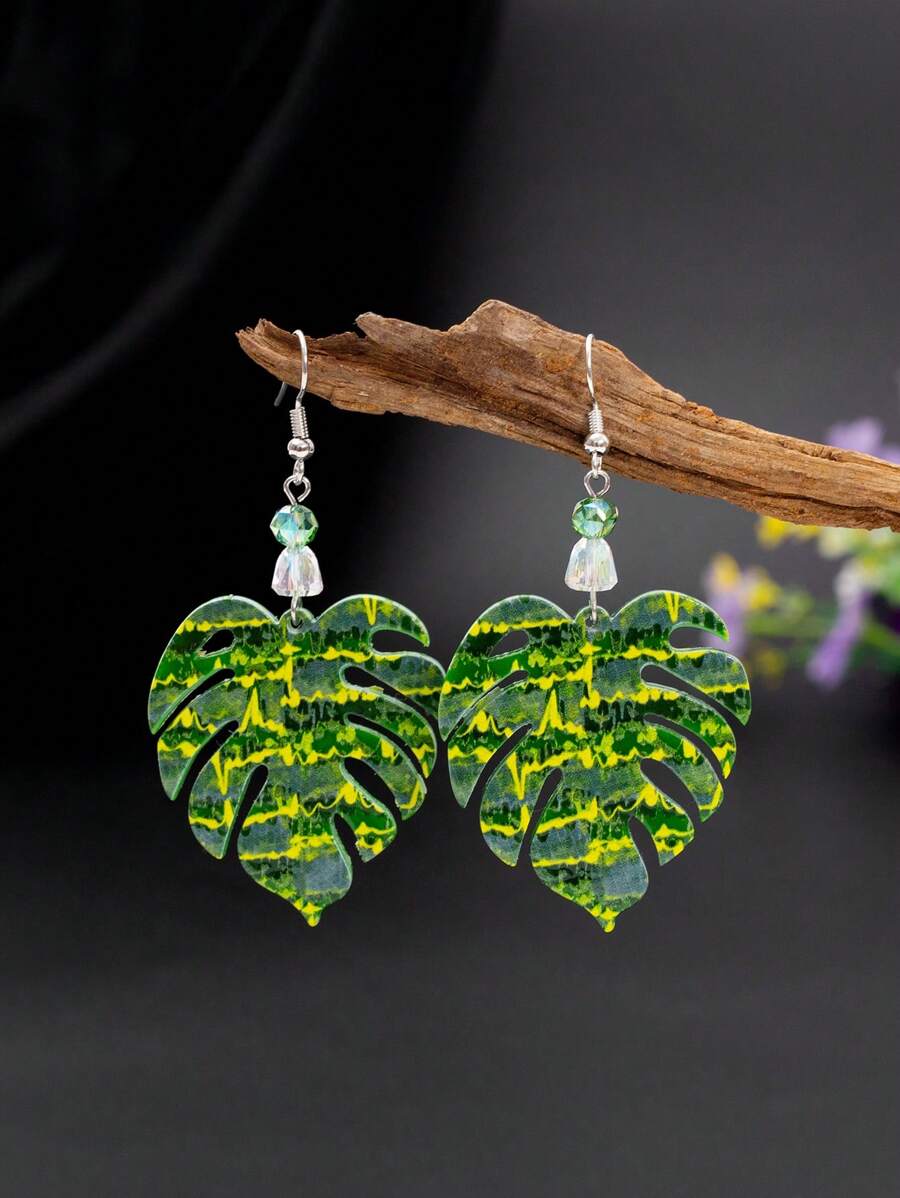 1 Pair New Fashion Acrylic Relievo Printing Yellow Green Turtle Back Bamboo Leaf Earrings For Women Aesthetic Casual Vacation Style 2025 Lightness Jewelry