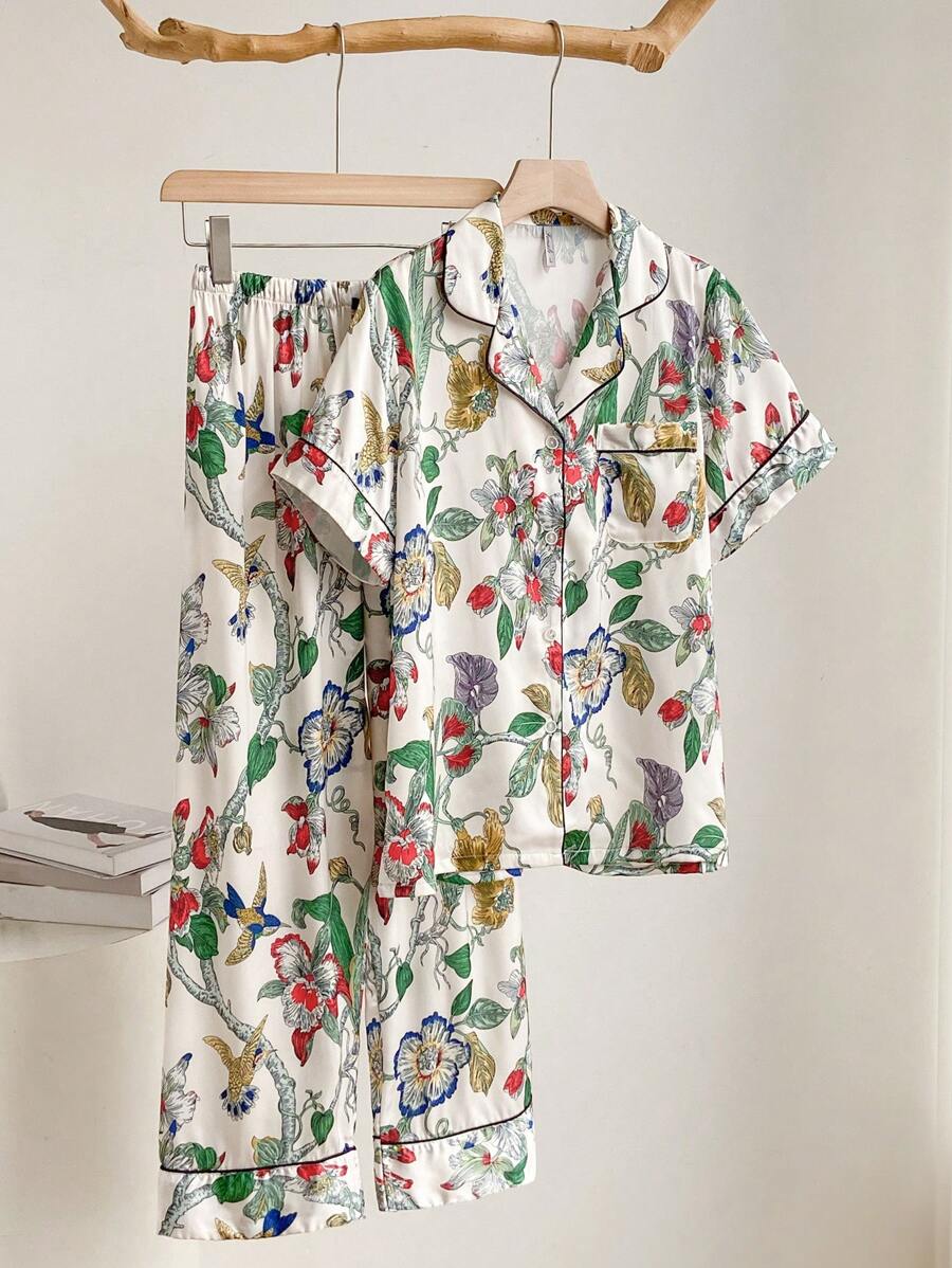 2pcs Women Plant Print Short Sleeve Shorts Sleepwear Set, Lightweight Home Clothes For Spring/Summer