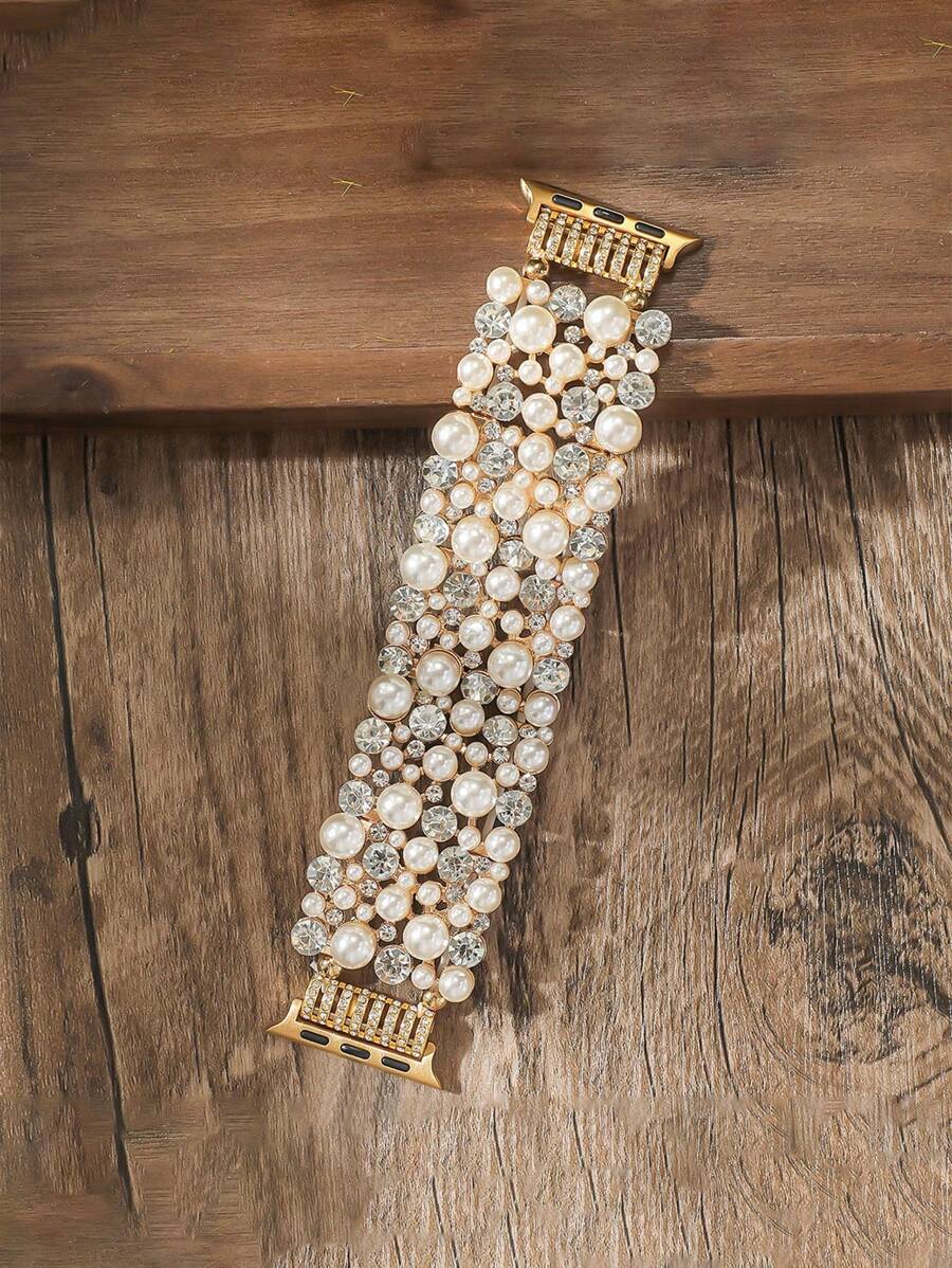 1pc Pearl Diamond Watch Band Stylish Unique Elastic Strap For Men Women Compatible With Apple Watch 38mm To 49mm Watch Band Perfect For Weddings Vacations Graduation And Back To School Gifts
