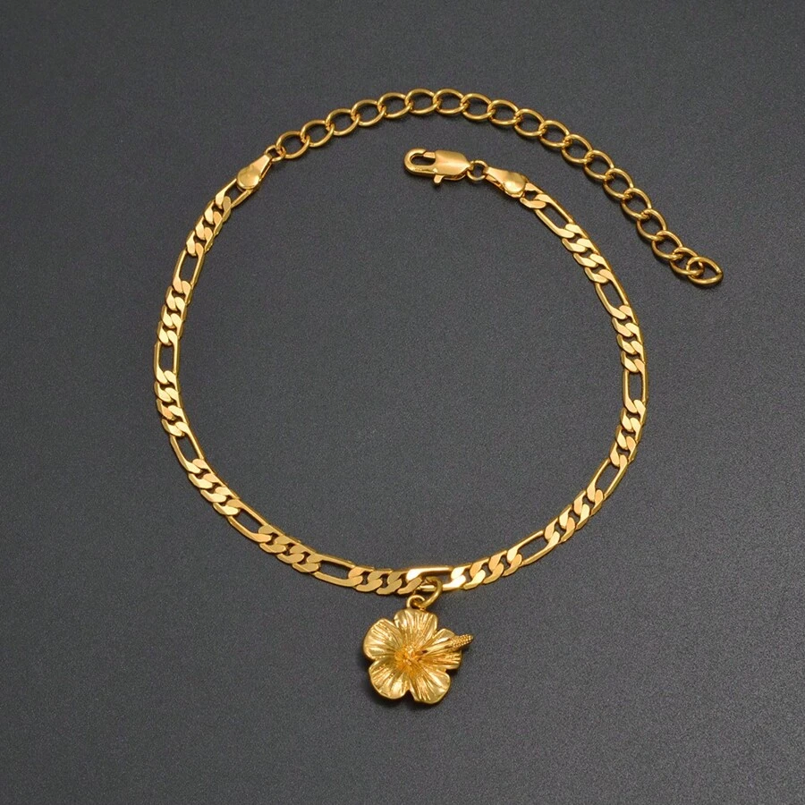 1 pièce Bracelet de cheville hawaïen avec hibiscus pour femmes, bijoux plaqués or, chaîne de pied à la mode pour accessoires d'Afrique