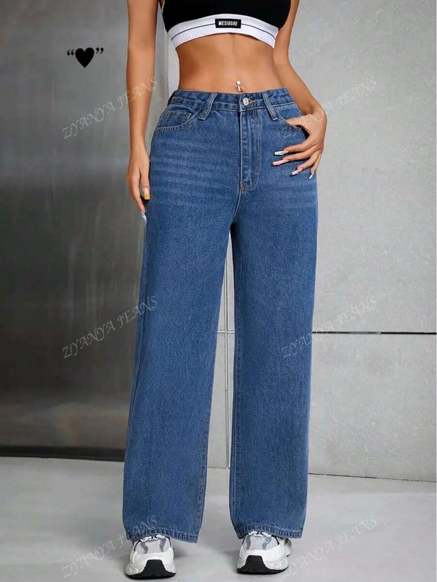 Pantalones de mezclilla sueltos con efecto desgastado, lavado liso, estilo casual, cierre de cremallera y botón, para mujer.