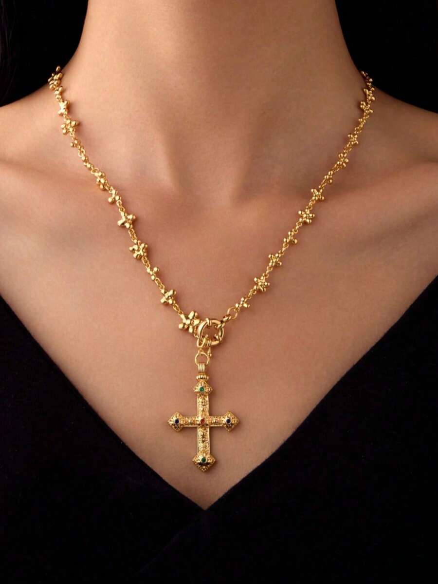 1pc Women's Fashion European Copper Plated 18K Gold Multicolor Zirconia Flower Cross Pendant Necklace, Suitable For Gifts, Parties And Daily Wear, Velvet Bag Packaging