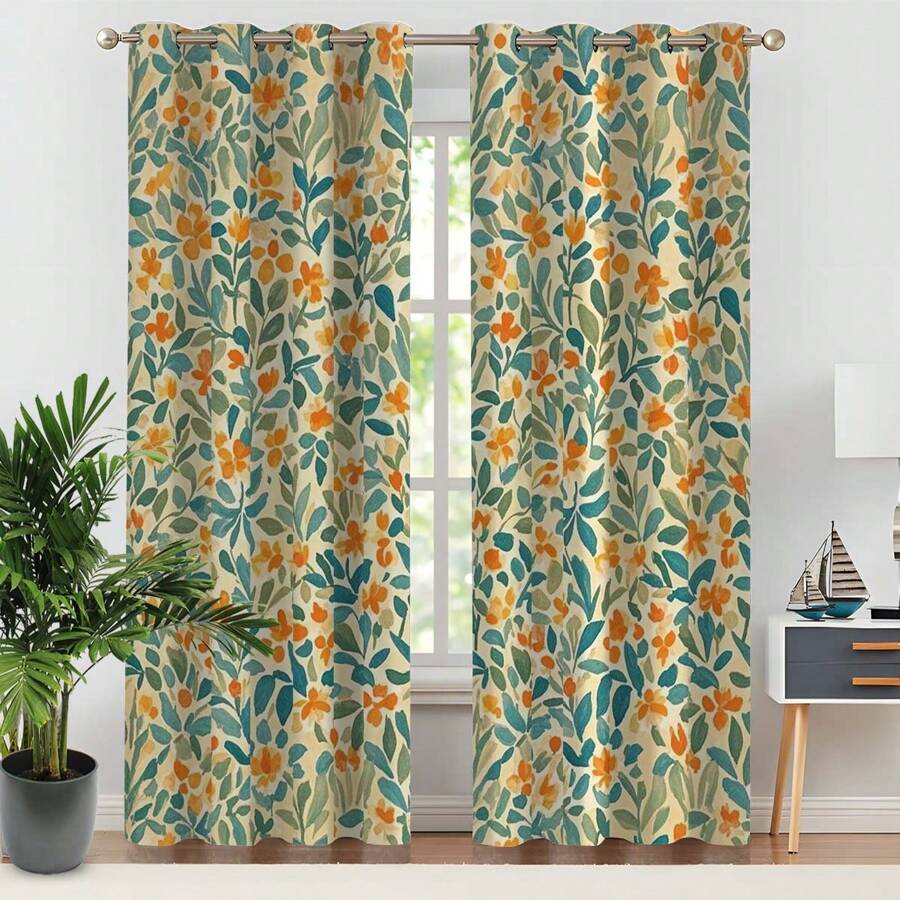 2 piezas, cálido y elegante, patrón floral naranja beige, proceso de impresión digital 3D, tela cortina universal para sala de estar, dormitorio, balcón, estudio