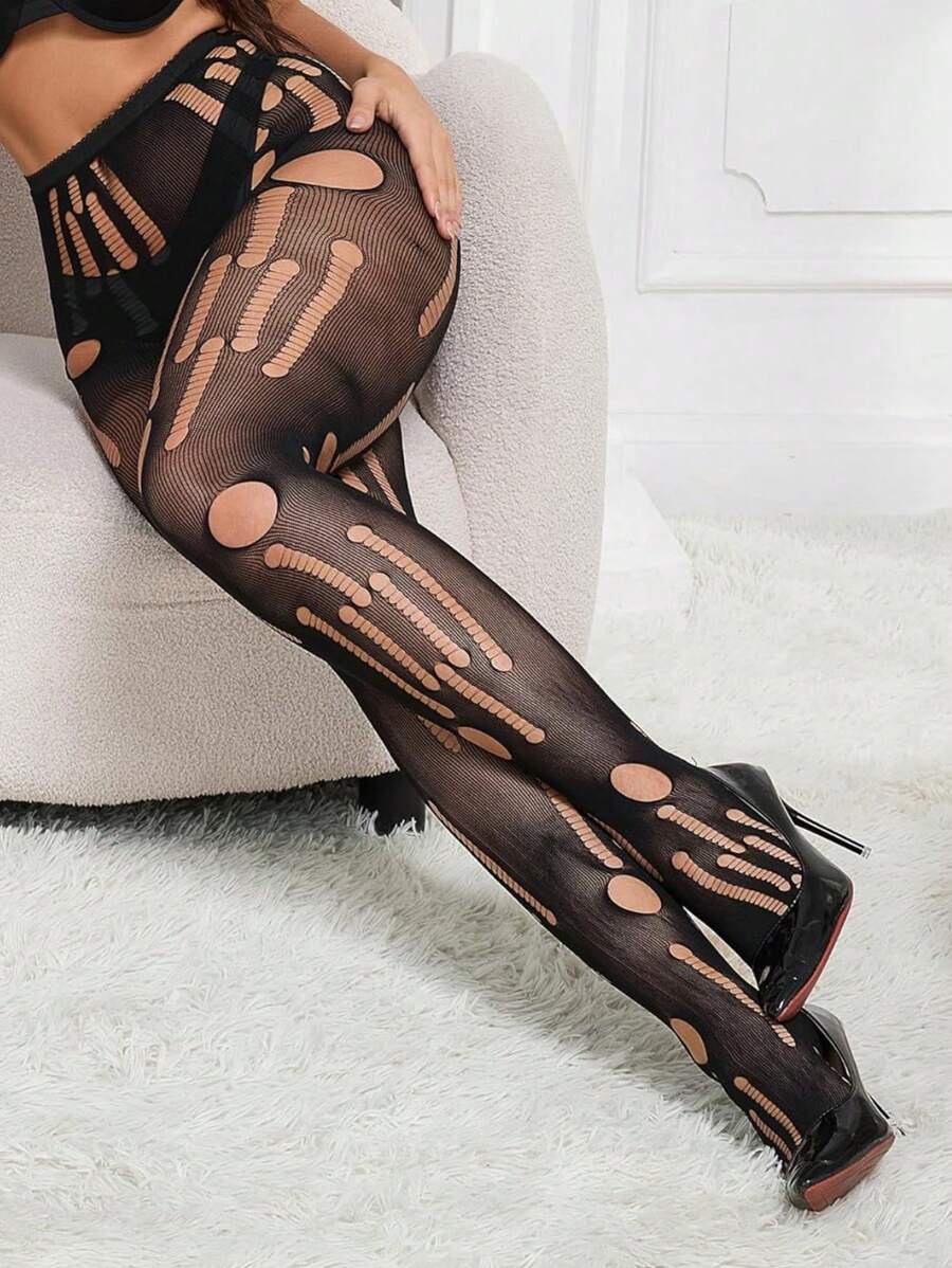 1 Paio di Autoreggenti in rete sexy per donna taglia curvy, collant a vita alta strappati, neri, taglia unica
