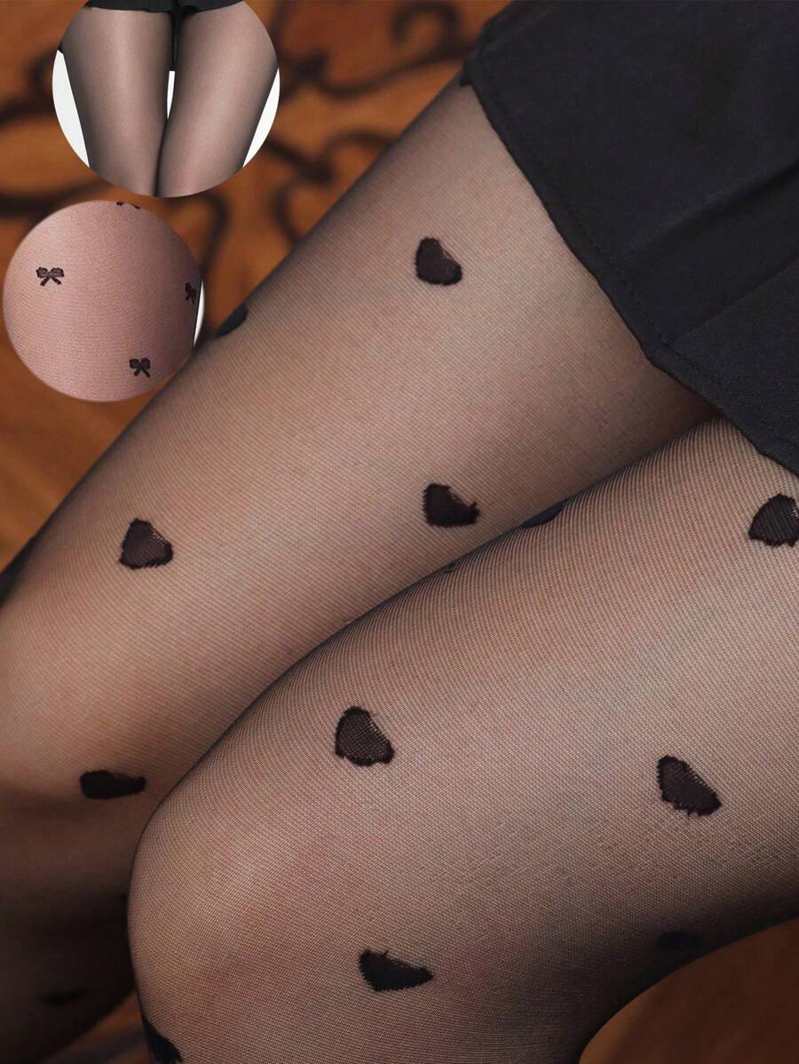 1 Paio Di Collant Neri Trasparenti Alla Moda Di Colore Unito/A Cuore/Con Fiocco, Per Donna, Calze a lunga durata 20D Con Parte Superiore Modellante, Collant Contenitivi Da Indossare Sotto Gli Abiti
