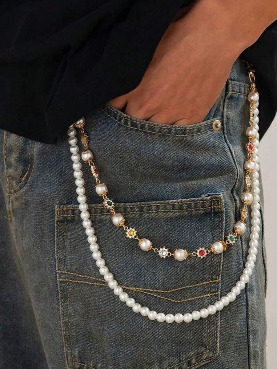 1pc Men's Double Layer Alloy Pants Chain, Faux Pearl & Rhinestone Floral Charm Chain, Suitable For Daily Wear And Parties