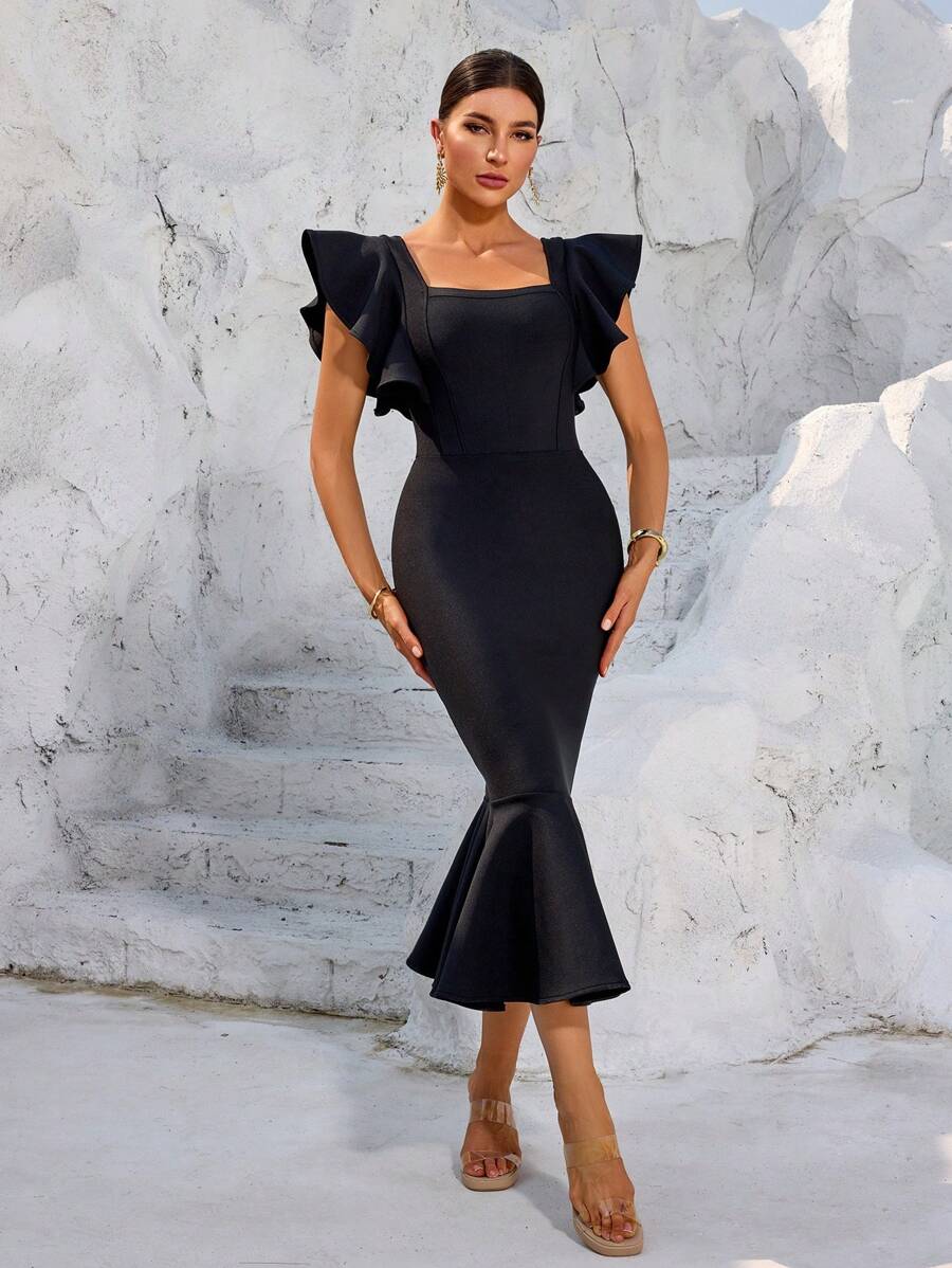 Bernatova Vestiti a tubino neri sexy da donna con balze, per cocktail a coda di sirena, per la primavera/estate. Vestiti da sera midi a fascia per celebrità, a lunghezza media, adatti per feste di nozze, cerimonie di premiazione, festival, compleanni, cene