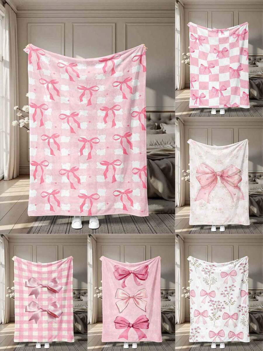 1 Stück Mädchen rosa Schleife bedruckter Flanell Schal Decke, Muttertagsgeschenk, leichte Frühling/Herbst Wurfdecke, Büro Nickerchen Decke, Klimaanlage Decke, Heimdekoration, weich & flauschige Lässig Decke, non-shedding & verblassungsresistent, verschiedene Größen erhältlich