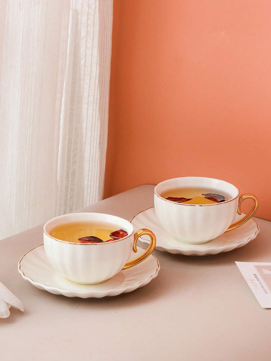 2pcs/Set Ceramic Coffee Cup & Saucer, Pumpkin Colored Glaze, Suitable For Home, Office, Gift, Birthday, Dessert Shop, Afternoon Tea Shop, Party, Dorm, Gift For Friends Back To School