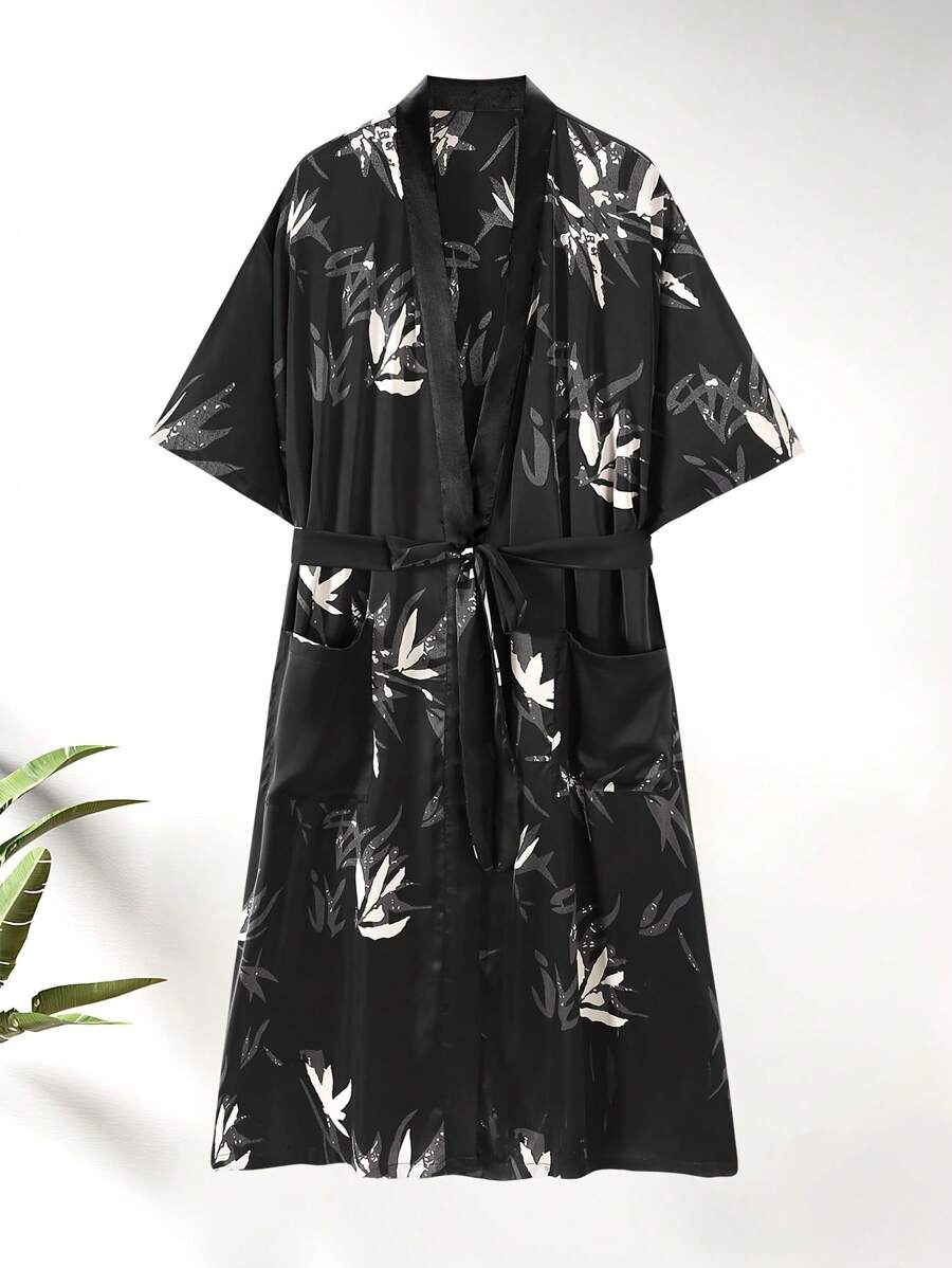 New Style Men's Fashion Casual Leaf Print Short Sleeve Belted Robe In Woven Fabric