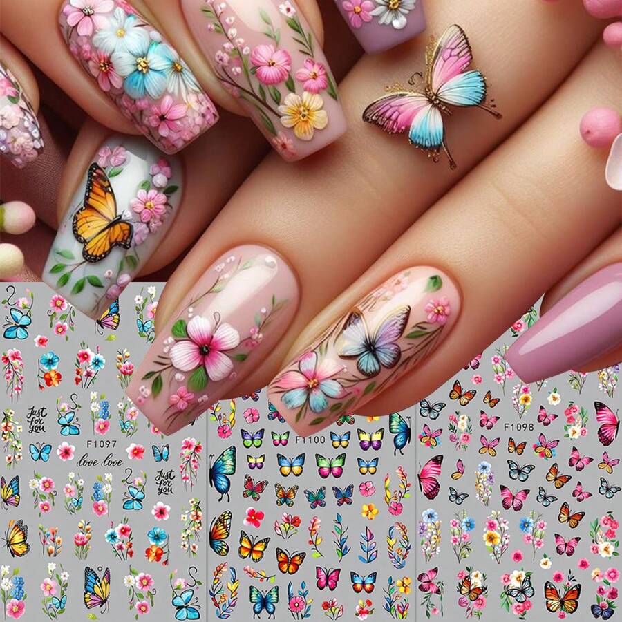 3 Pieces Of Spring And Summer Rose And Butterfly Flower Clusters Nail Stickers Disposable Self-Adhesive Back Adhesive Nail Stickers For Women DIY Art Decoration Accessories