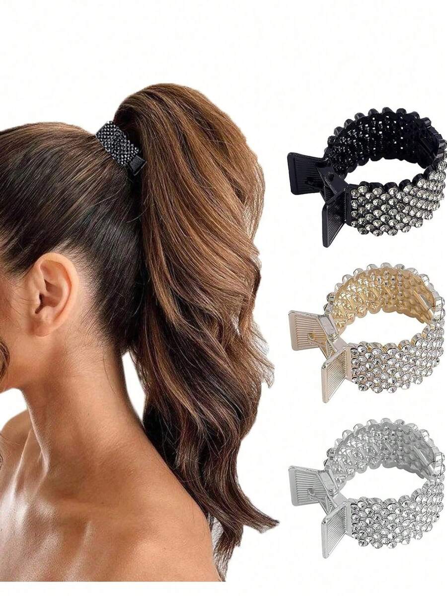 Luxuriöser Haarklammer aus Metall mit Strass für Damen zum Fixieren eines hohen Pferdeschwanzes, rutschfest, modisch und elegantes Haaraccessoire, geeignet für Alltag, Lässig, Party, Pendeln, Urlaub, Haarstyling, Pferdeschwanz Dekoration, Bekleidungszubehör, Styling Werkzeuge für Frauen, flacher Krallenclip, Krallen Clips, Haarclips, Haarspangen, Haarklammern