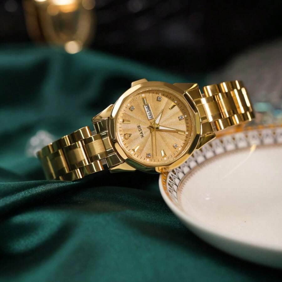 1 peça NASIR Relógio de quartzo à prova d'água para casais, elegante e luxuoso, com calendário de diamantes, para o dia a dia, celebrações e casamentos