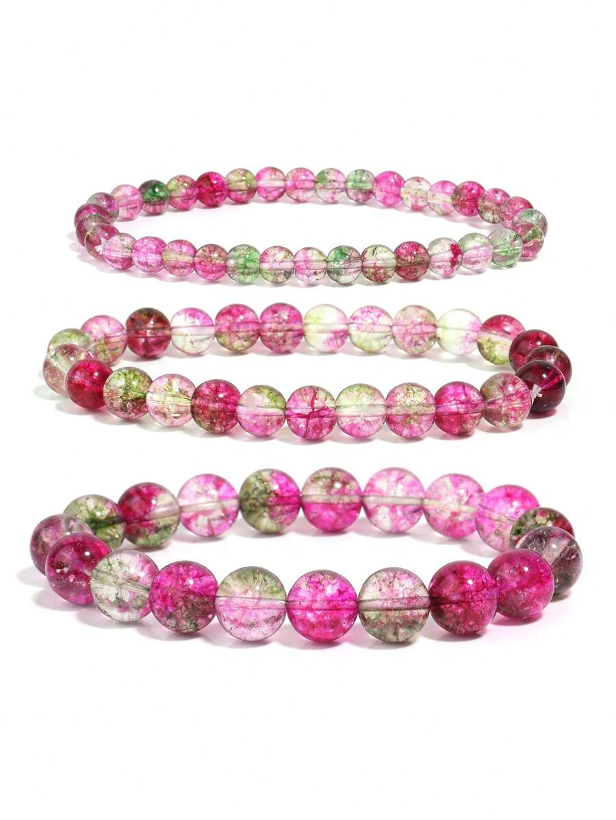 1 pieza Pulsera elástica con cuentas de estilo bohemio con sandía y cuarzo fantasma, cuentas redondas de piedras naturales, accesorio diario y festivo para mujer, se ajusta a todas las estaciones