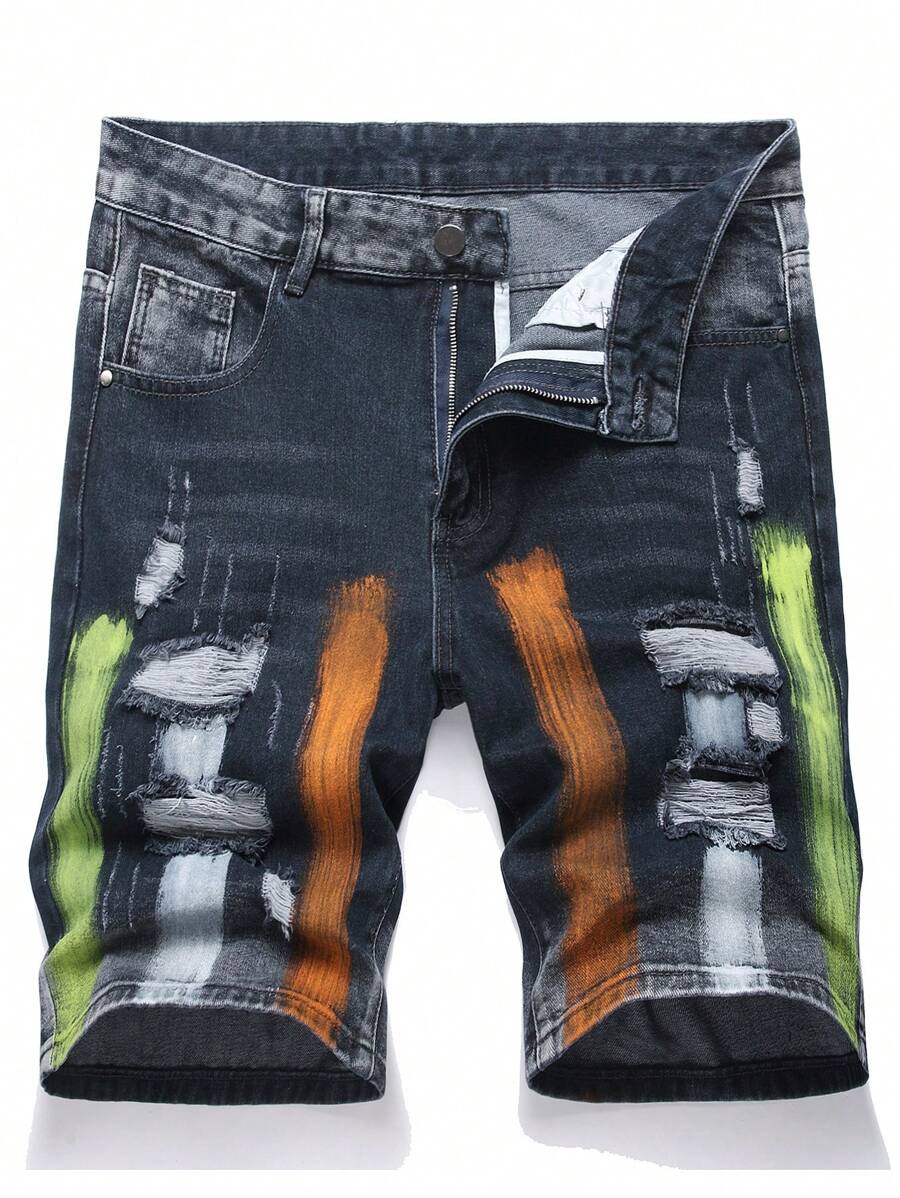 Pantalones cortos de mezclilla rectos con efecto desgastado y estampado de salpicadura de pintura para hombres de moda