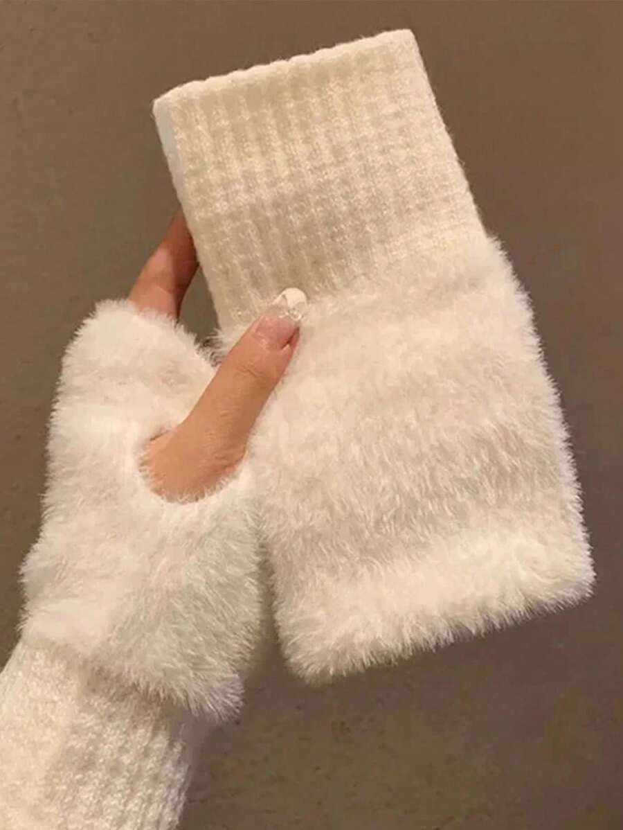 1 par de nuevos guantes sin dedos de media mano de felpa de visón para mujer, de unicolor, suaves y cálidos para el invierno
