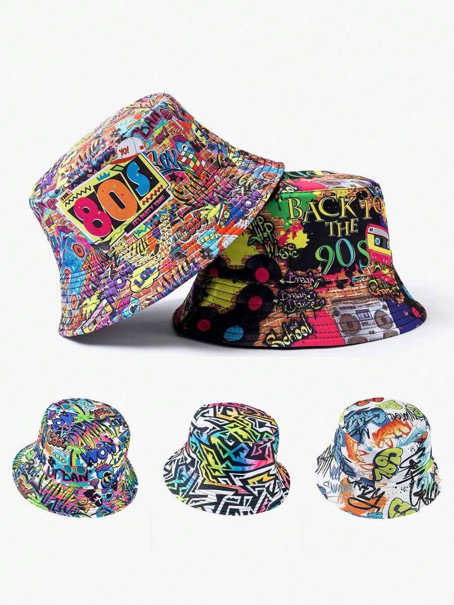 1pc Unisex Fashion Hip Hop 90s 80s Geometric Graffiti Vintage Street Style Reversible Bucket Hat, Versatile For Casual & Commuting