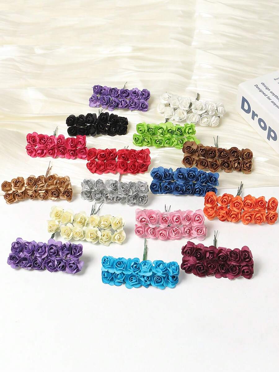 3 lots de roses miniatures artificielles en papier de couleurs mélangées, fleurs artisanales petites pour artisanat, fleurs miniatures pour bouquet de mariage. Fleurs en papier miniatures avec tiges pour artisanat DIY, scrapbooking et embellissement