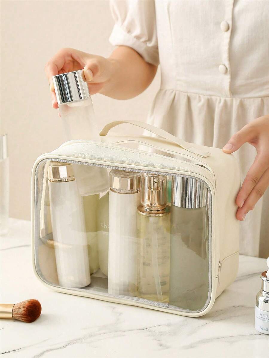 Transparent Toiletry Bag, PVC Material Waterproof Wear-Resistant Minimalist High-End Travel Portable Storage Pouch, Large Capacity Skincare Organizer Wash Bag Toiletry Travel Bag Makeup Storage Beach Beach Bag Vacation Holiday Essentials School Supplies Travel Essentials Ladies For College Dorm Bathroomsummer Back To School School Stuff Bag For School Wash Bag Travel Waterproof Toiletry Bag