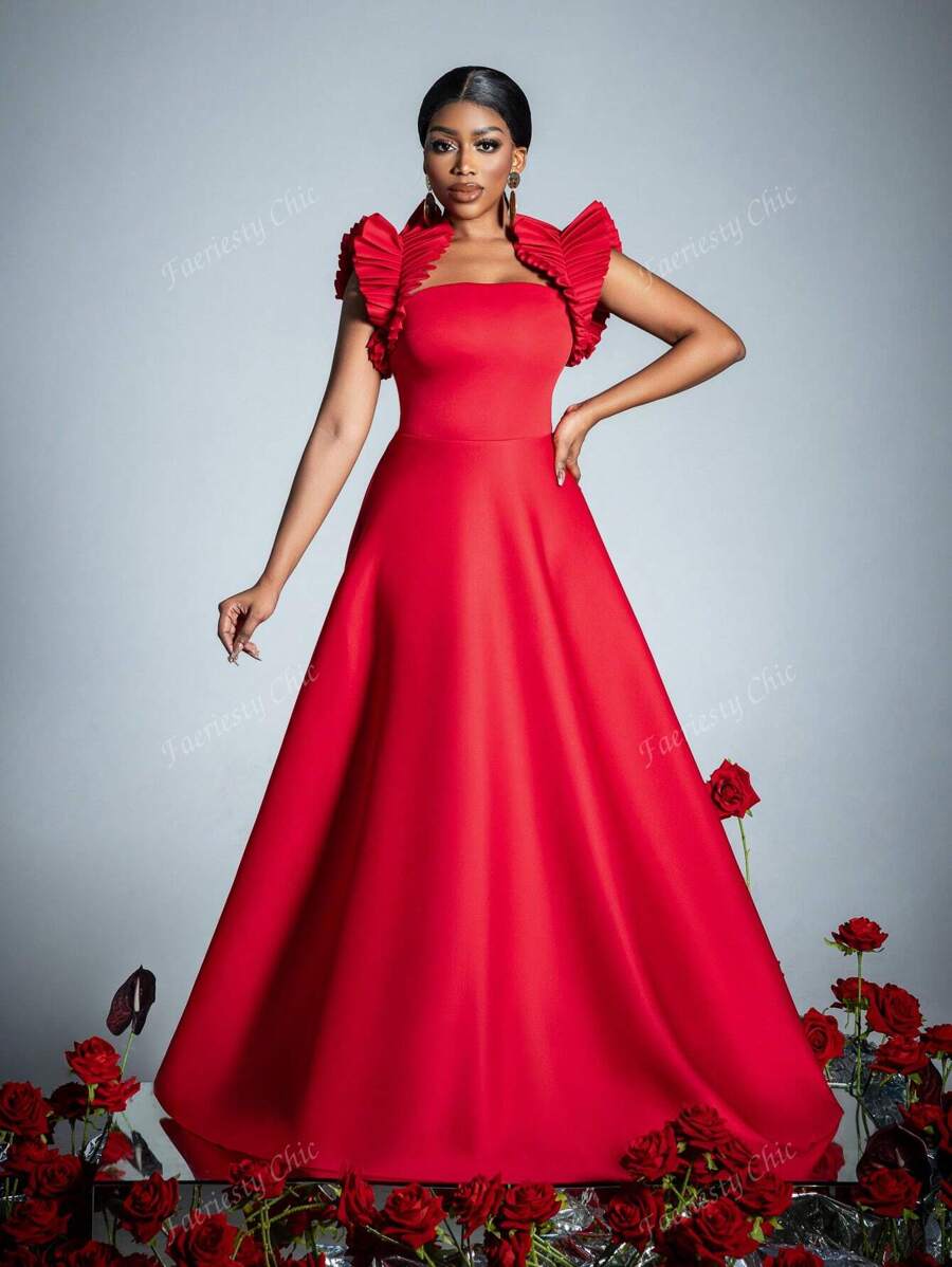 Sleeveless Ruffled-Trim Formal Dress - Timeless Elegant Gown With Fitted Bodice & Flowy Silhouette For Spring-Summer Weddings, Galas, Receptions, Red Carpet, Party Dress, For Cocktail