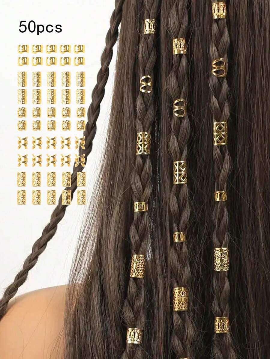 50 Stücke/Set elegante Vintage Gold Haargummis - Metall Haarflechten Perlen, elaboriertes Design, geeignet für Zöpfe, Cut Out-ovale einfarbige Haarschmuck-Set, Haarflechtendekoration | Anmutige Haargummis | Metall Haarringe, Haarschmuck