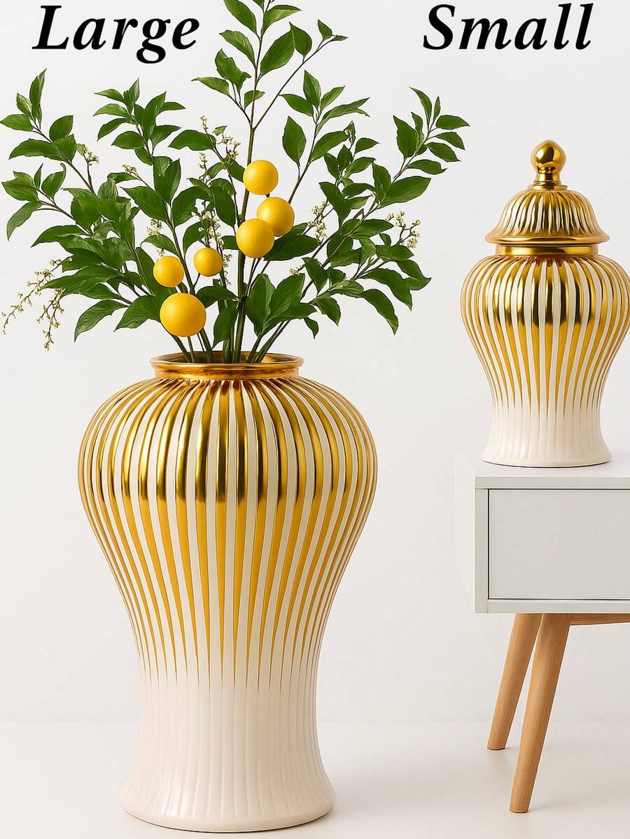 Gold Ceramic Flower Vase, Light Luxury Home Accent For Modern Living Room, Summer Refresh & Mother's Day Gift