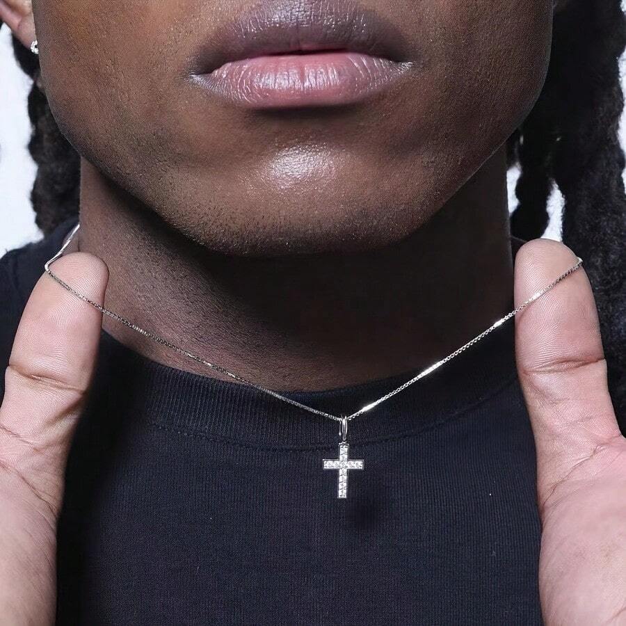 1pc Minimalist Rhinestone Cross Pendant Necklace, Casual Everyday Wear For Men, Hiphop/Punk Style