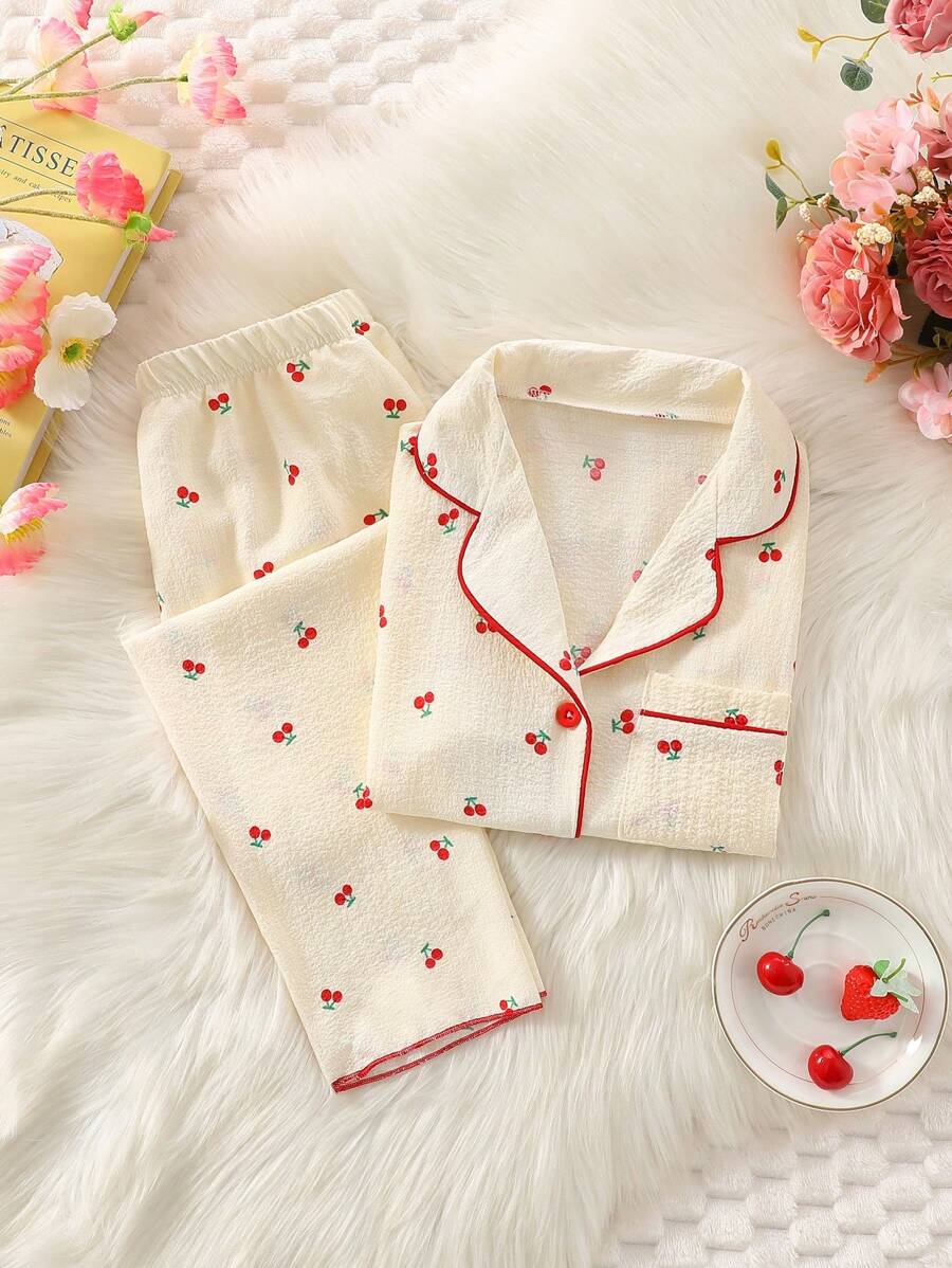 2 piezas Conjunto de ropa de dormir para niña preadolescente: Camiseta de manga corta con estampado de cerezas y pantalón largo, para verano