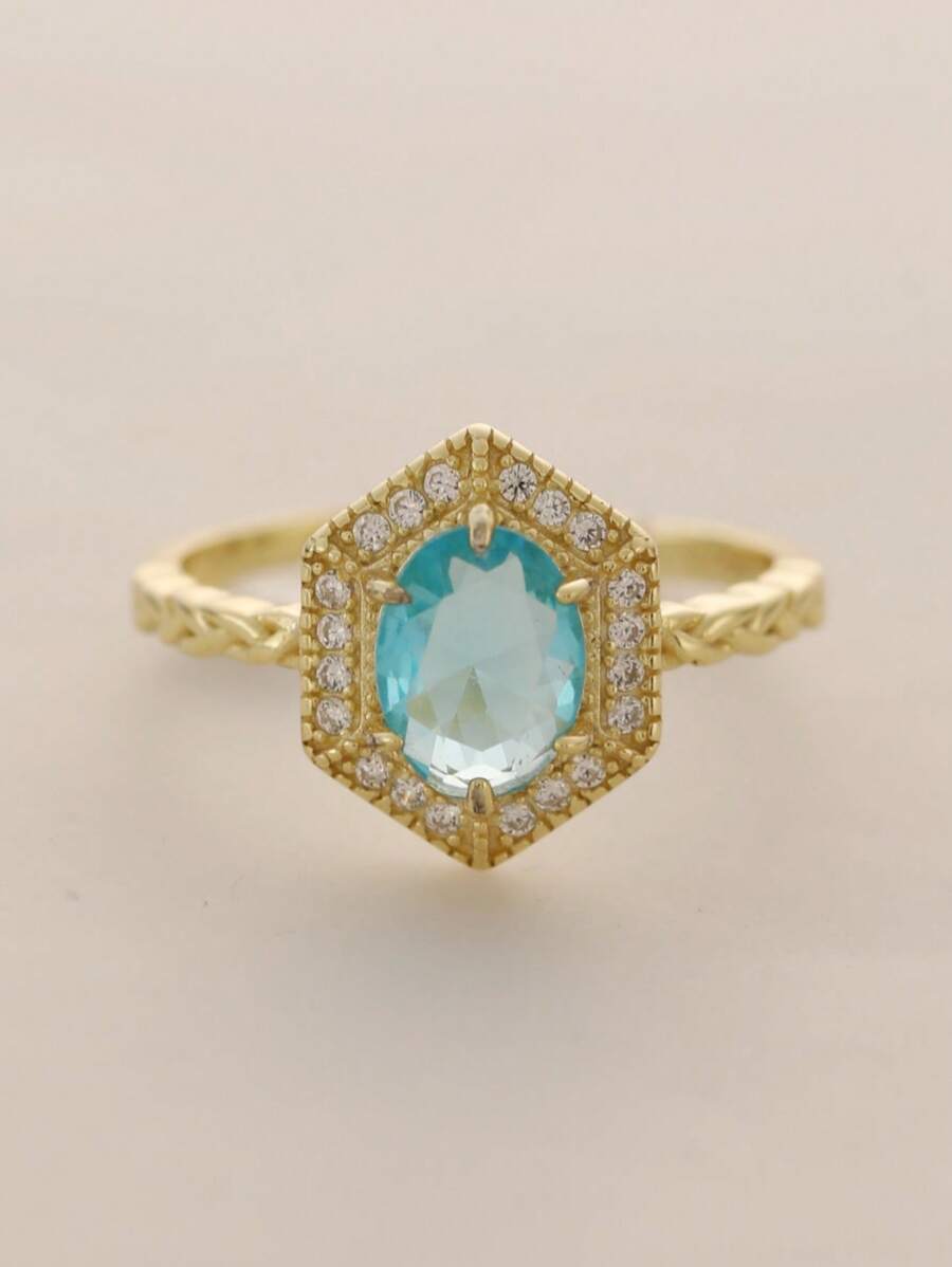 Flyleaf 1 Piece Vintage S925 Sterling Silver 14K Gold Color Geometry Blue Artificial Topaz Open Ring For Women Party Banquet Engagement Fine Jewelry