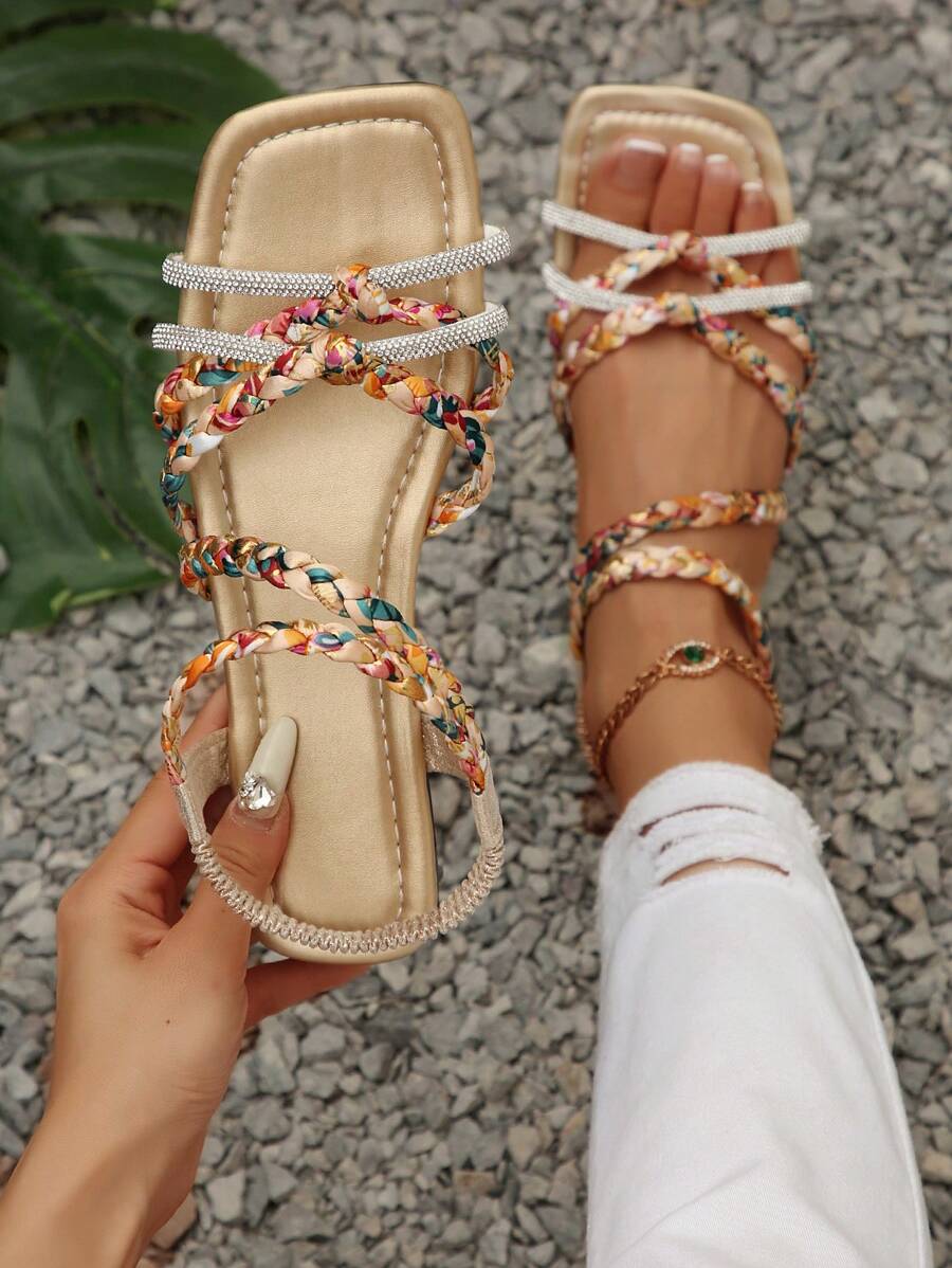 Sandálias Rasteiras Tecidas com Cristais Bordados, Estilo Boêmio, Férias, para Mulheres, Elástico para Uso Interno e Externo, Sapatos de Praia