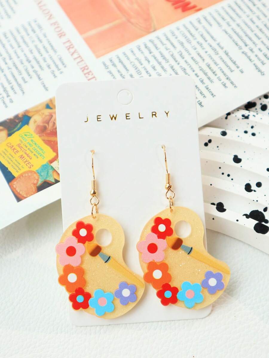 1 par de pendientes de pintura acrílica en forma de paleta, con pinceles, diseño de flores coloridas, pendientes encantadores adecuados para uso diario de las mujeres, accesorios de regalo