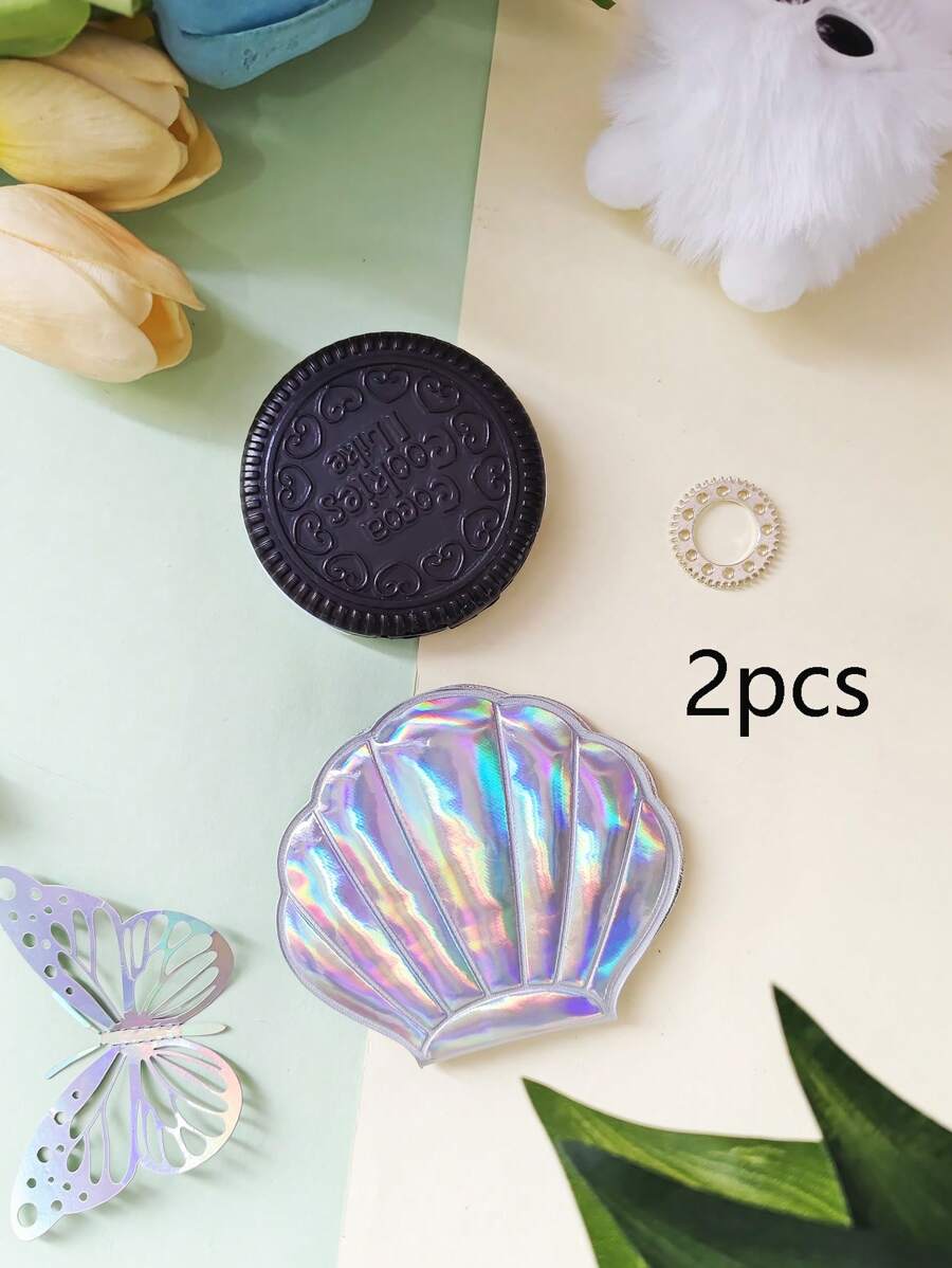 2 Stücke Dreifache Laser-Muschelspiegelchen und niedliche Schokoladen-Keksspiegelchen, tragbare doppelseitige Make-up-Nachbesserungs-Accessoires, Mini-Klappkosmetikspiegel für Outdoor