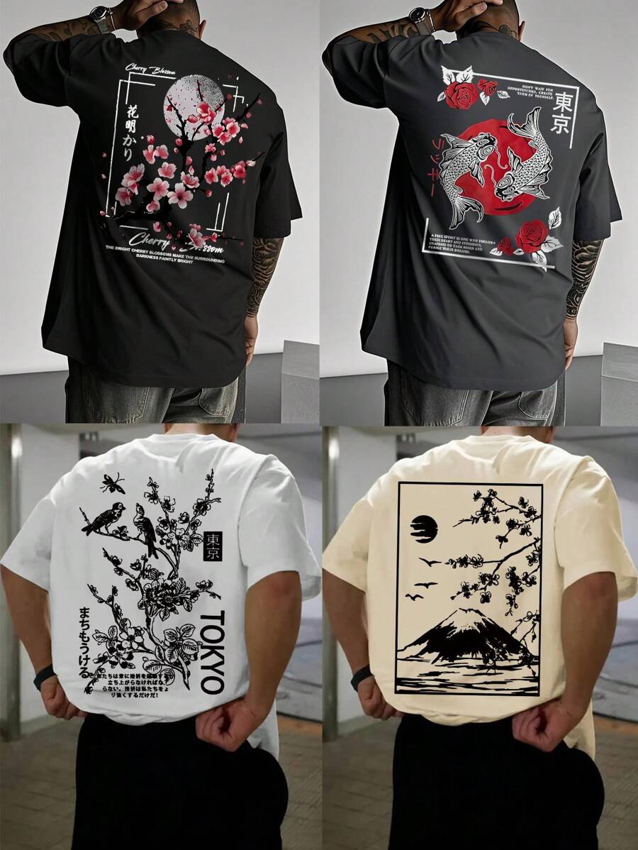 4pcs/Set Men's Casual Street Style Cultural Graphic Short Sleeve T-Shirts, Summer Tee