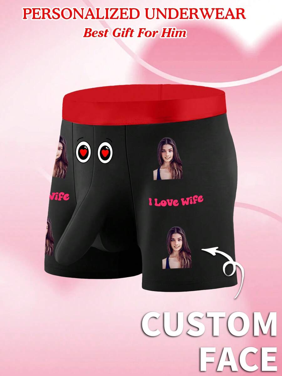 Customized Men's Heart Print Boxer Briefs, Personalized Comfortable Casual Underwear, Daily Wear, Ideal Gift For Boyfriend, Husband, Valentine's Day