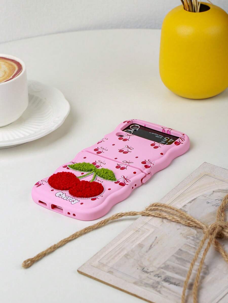 1pc 3D Embroidered Cherry Macaron Silicone Texture Protective Phone Case With Wave Shape, Shock-Proof, Compatible With Samsung Galaxy Z Flip3 5G, Galaxy Z Flip4 5G, Galaxy Z Flip5 5G, Galaxy Z Flip6 5G