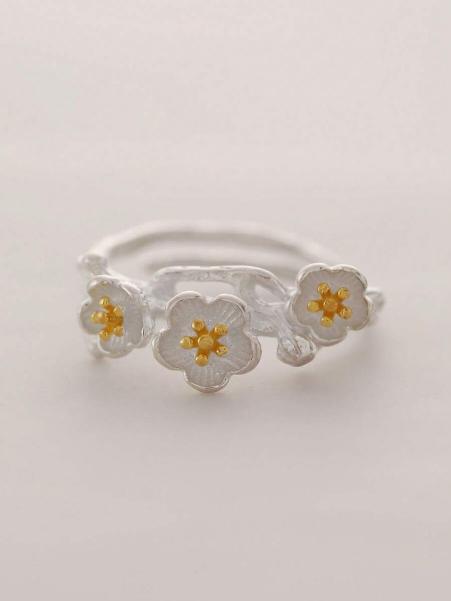 Flyleaf 1 Piece Vintage S925 Sterling Silver Branch Plum Blossom Flower Open Rings For Women Female Retro Daily Wear Naturalism Fine Jewelry