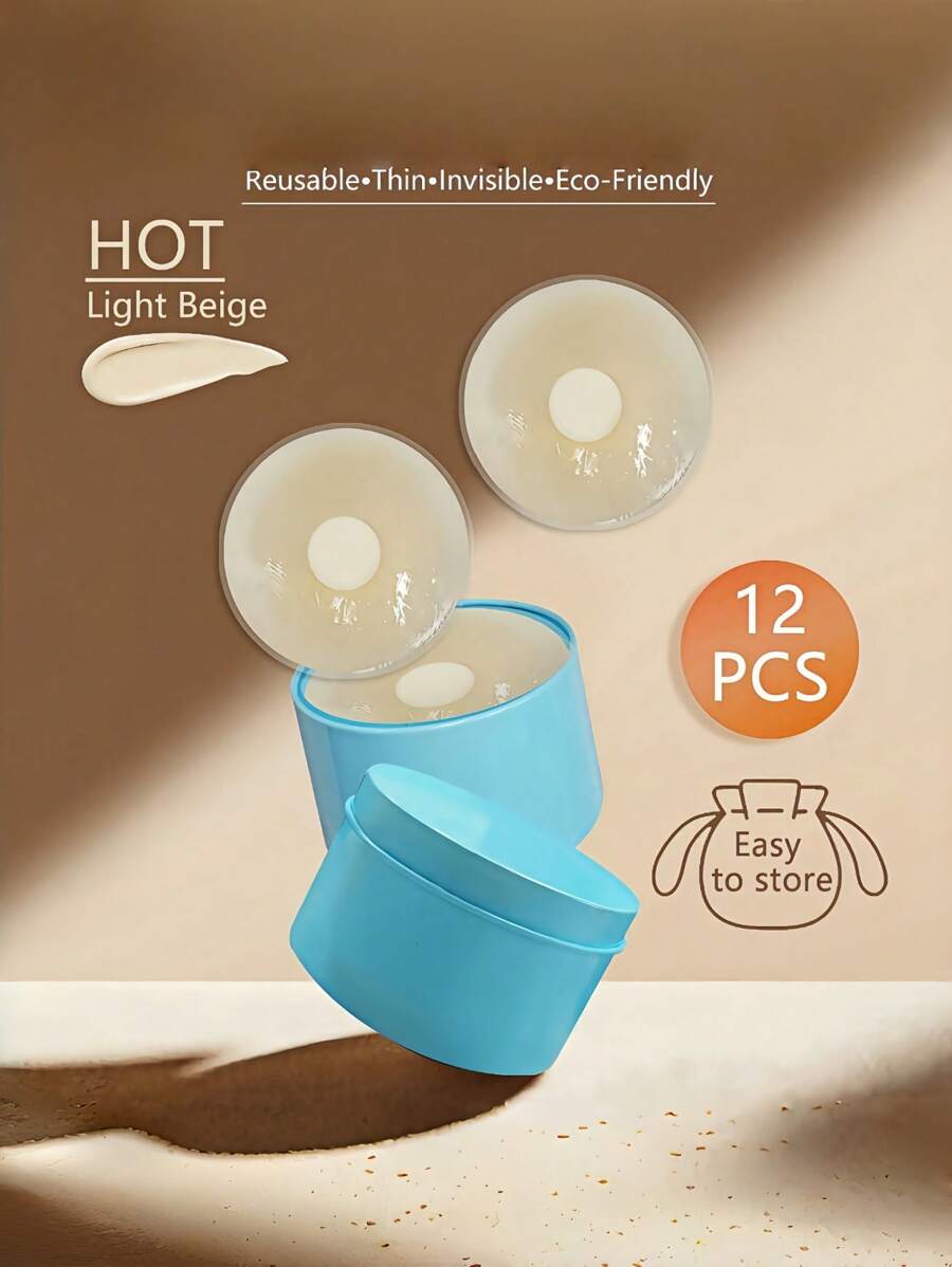 12pcs Reusable Invisible Nipple Covers, Strapless Self-Adhesive Pasties, Outdoor & Sports Bra Accessories, Silicone Invisible Breast Petals For Women, Waterproof Swimwear Protector, Suitable For Wedding Dresses, Outdoor Activities, School Campus