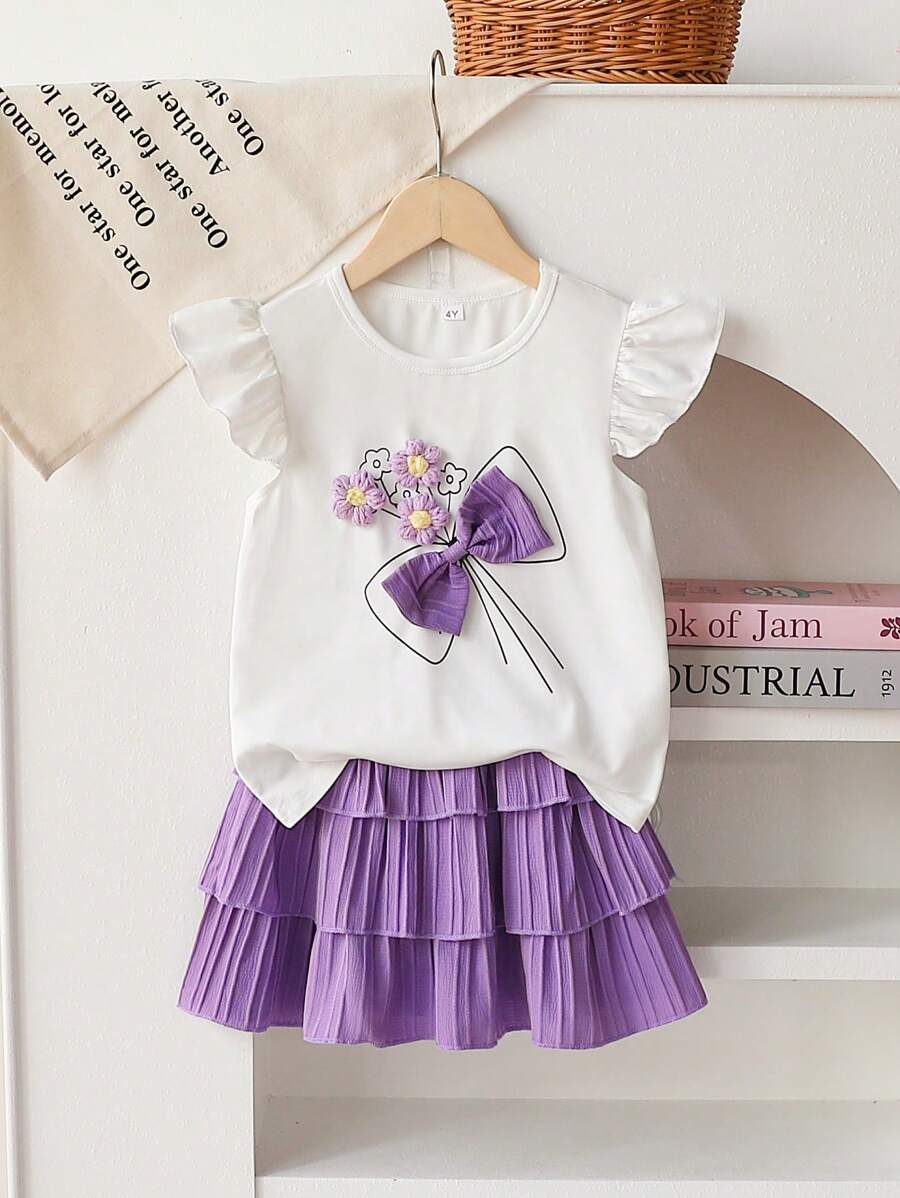 Set de 2 piezas de niña informal con blusa sin mangas con estampado de flor con moño y falda a rayas, adecuado para salidas y vacaciones de verano