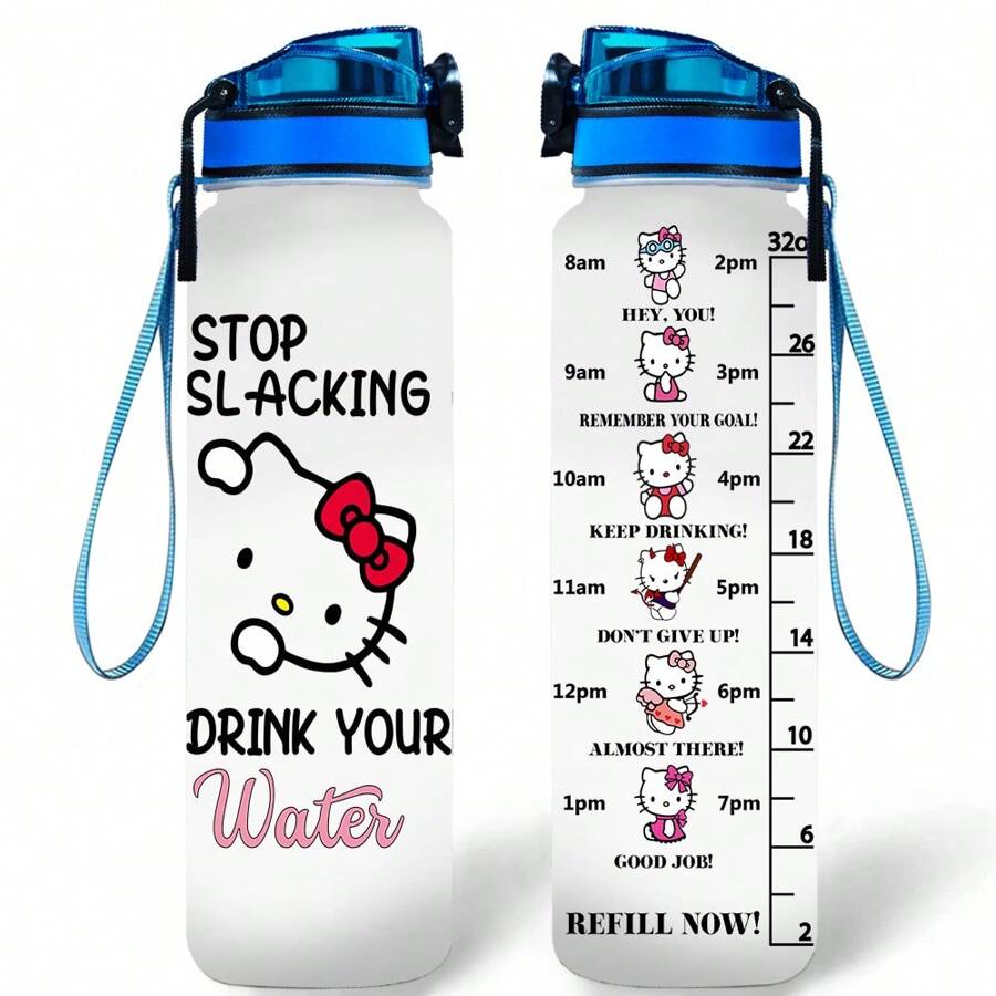 Sanrio 1 pieza Botella deportiva de gran capacidad Sanrio Hello Kitty, de plástico resistente a los arañazos, taza de viaje a prueba de fugas con marcas de escala, adecuada para deportes al aire libre, fitness, camping, hidratación de verano, 1000ml/32oz (con cordón incluido)
