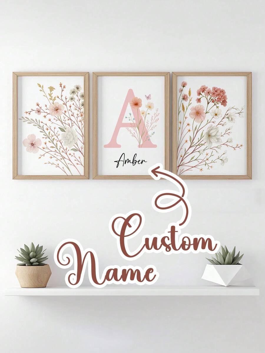 3 pezzi di arte murale personalizzata con nome senza cornice, cartellone su tela con fiori selvatici personalizzati, decorazione da parete rossa, decorazione per la camera dei bambini, decorazione da parete per la camera delle ragazze, cartellone per decorazione dell'asilo, senza cornice, regalo di compleanno perfetto, arte per la nursery, decorazione back to school