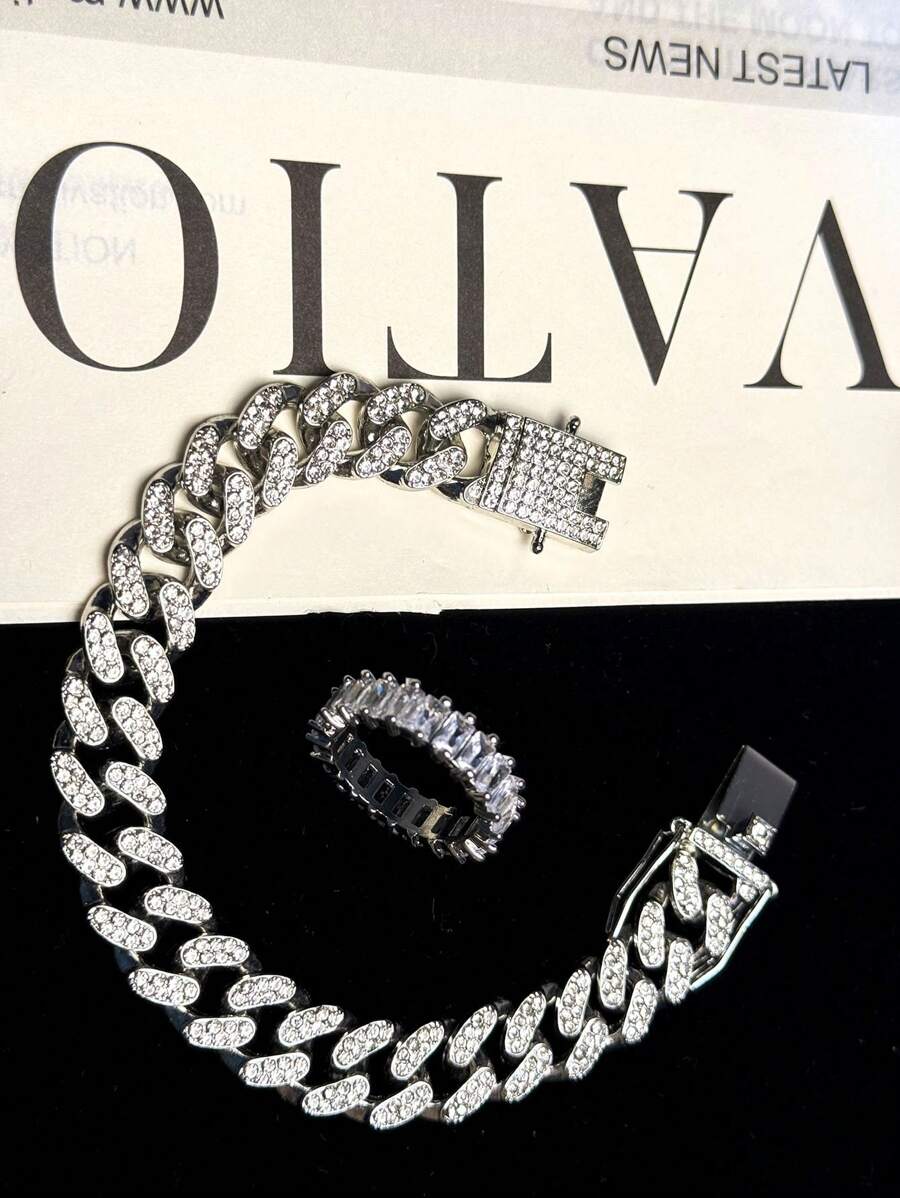 2 Peças Conjunto de Anel com Strass de Luxo e Pulseira de Corrente, Adequado para Uso Diário, Festa, Encontro, Dia das Mães, Dia dos Namorados, Dia dos Pais, Conjunto de Joias Unissex